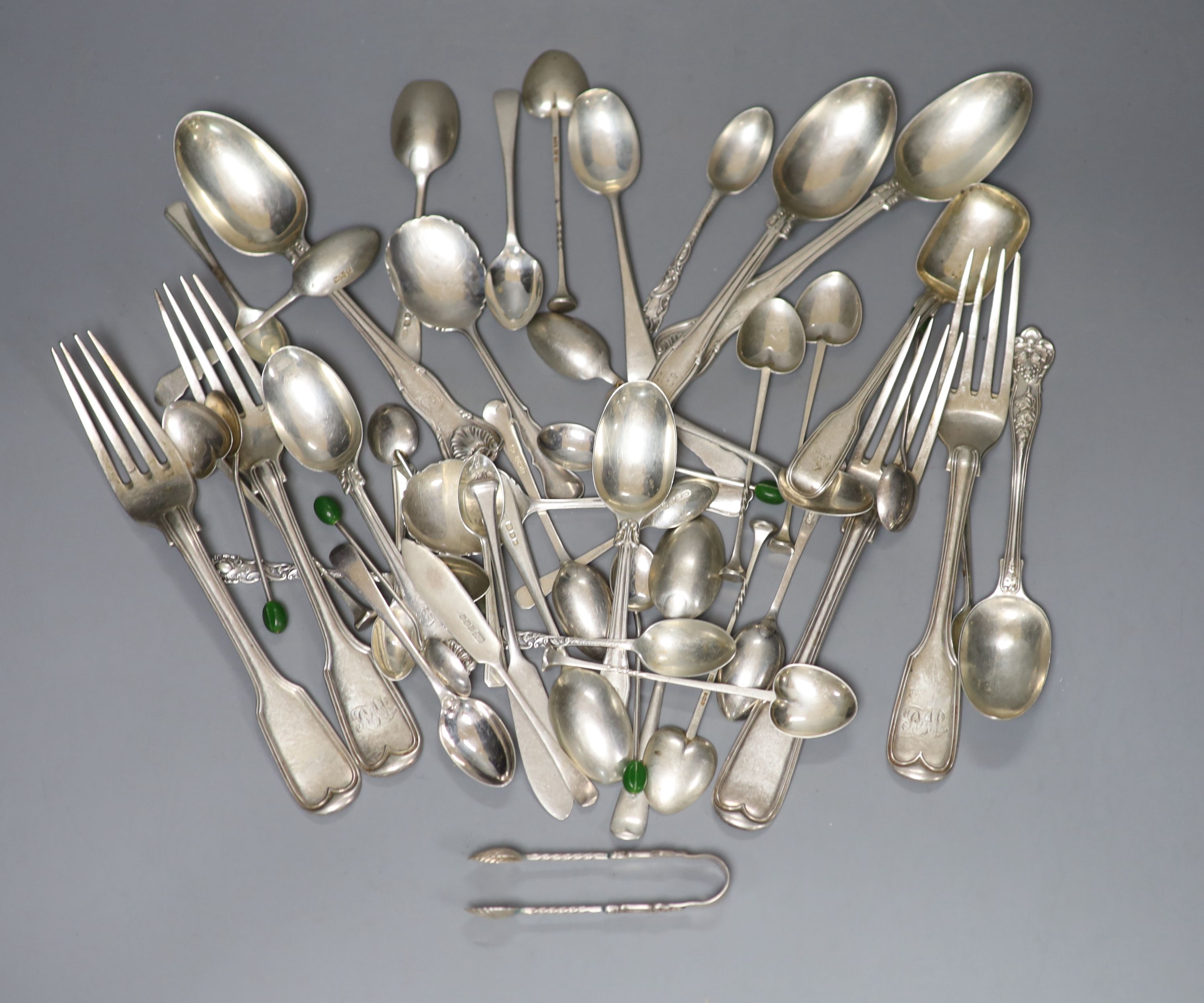 A quantity of assorted silver flatware including 19ct century table forks and dessert spoons and later teaspoons, coffee spoons etc